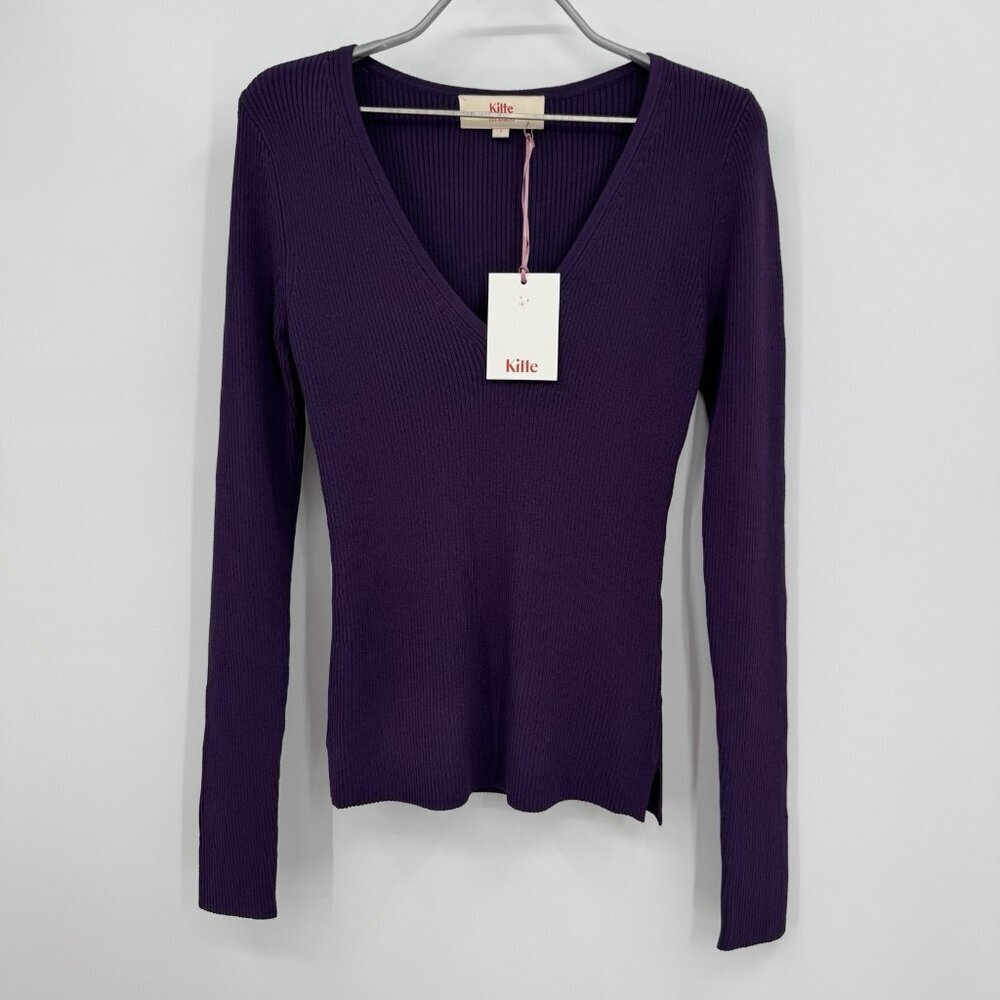 Kilte Collection The Marlee Rib Knit V-Neck Sweater size 1 S Plum Purple Rayon
